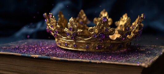 Naklejka premium The Crown Resting on an Antique Book Surrounded by Purple Gems and Glittering Dust
