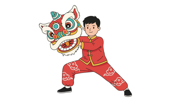 Chinese Man Holding Lion Dance Mask for Lunar New Year Celebration