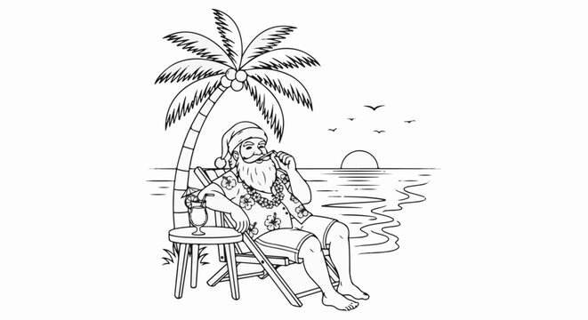 Santa Claus relaxing under a palm tree by the ocean with a tropical drink