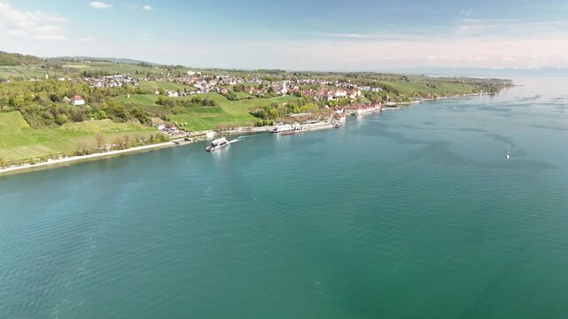 Meersburg Waterfront on Lake Constance Bodensee, Bright Summer Day, Aerial Drone Shot 