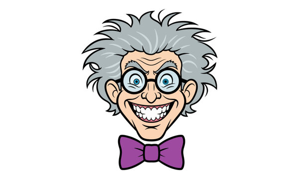 Mad Scientist Face with Messy Hair and Purple Bowtie