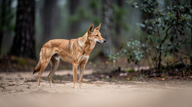 Carolina Dog Low Angle Woodland Wildlife Telephoto Shot Natural Frame Copy Space