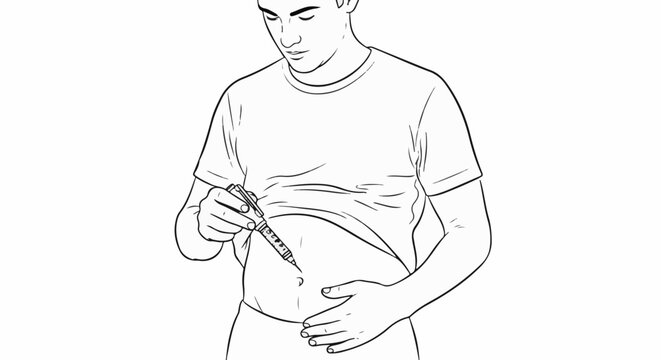 Person administers injection to abdomen with pen injector