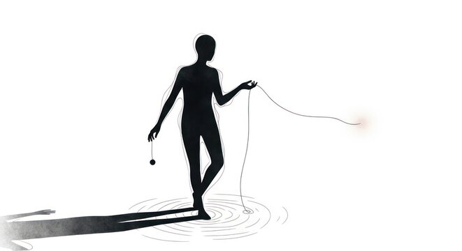 Silhouette of a person with a yo yo against a white backdrop with light