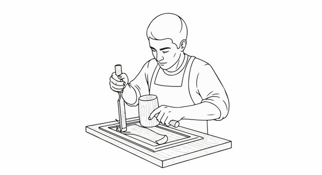 Person carving wood with a chisel and mallet on a workbench