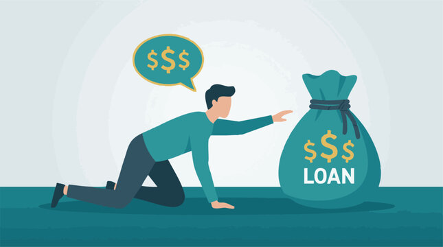 Man reaching for a money bag labeled 'LOAN', concept of financial debt and borrowing