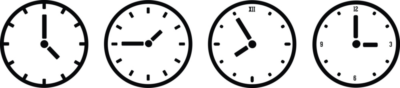 Three black and white surfboards with a business style wall clock illustration showing time hours minutes and seconds concept