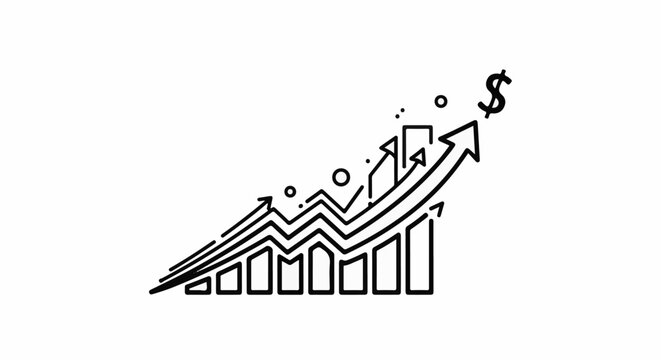 Rising bar graph with arrows pointing up, reaching a dollar sign