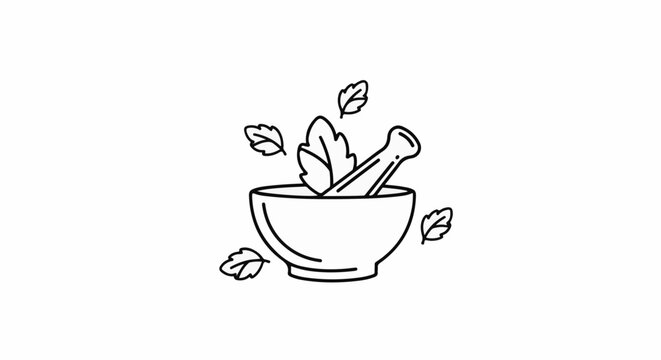 Simple outline of a mortar and pestle with leaves