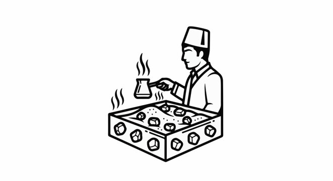 Person in fez prepares hot drink over sand with embers