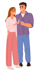 Fototapeta premium Young woman hands her beloved man positive pregnancy test. Girl is pregnant. Ovulation check. Parents waiting baby birth. People reproduction. Fertility exam result. Vector concept