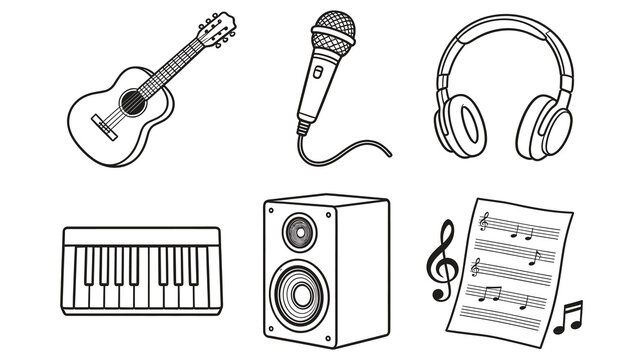 Set of music objects line art vector illustration on isolated white background.
