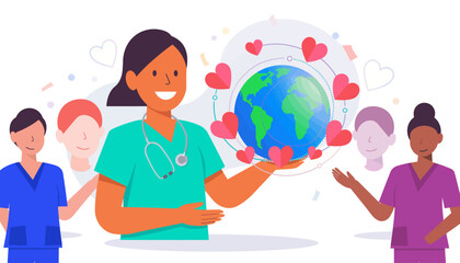 Fototapeta premium Smiling Nurse Holding Globe with Interconnected Hearts Icon