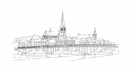 Fototapeta premium Sketch of a European town with a prominent church and arched bridge over a river