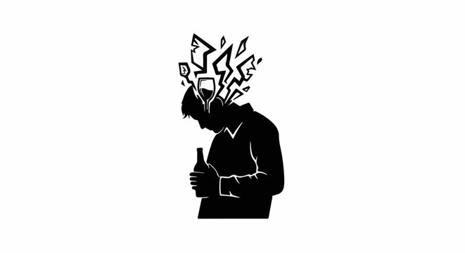 Silhouette of a person with a bottle, head exploding with abstract shapes