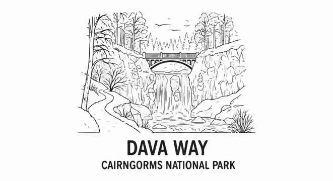 Sketch of a forest waterfall with a bridge above and a path leading to it