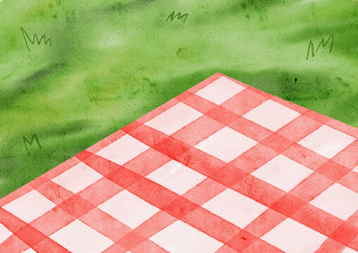 Watercolor picnic plaid blanket on grass with red and green gingham pattern, hand drawn textile illustration for summer background and vintage kitchen decor