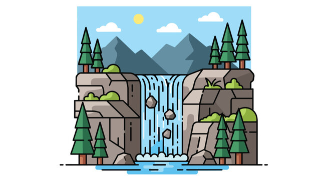 Flat illustration of a waterfall cascading down rocky cliffs with pine trees and mountains.