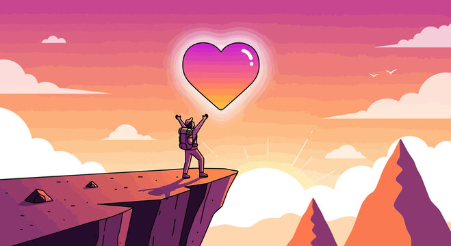 Pixel Art Hiker Celebrates Success on Cliff Edge with Glowing Heart Sunrise