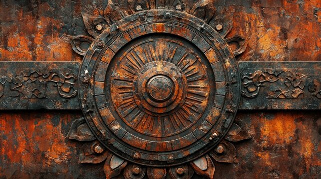 A rusty metal ornament featuring a sun motif on a dark background evokes a sense of antiquity and serves as the perfect backdrop for a story or a metalwork piece.