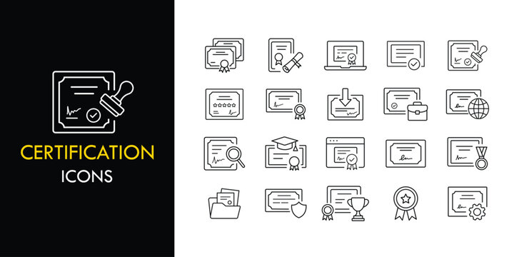 Certification line icon set, outline certificate and diploma icon collection with badge, approval and award symbols vector illustration