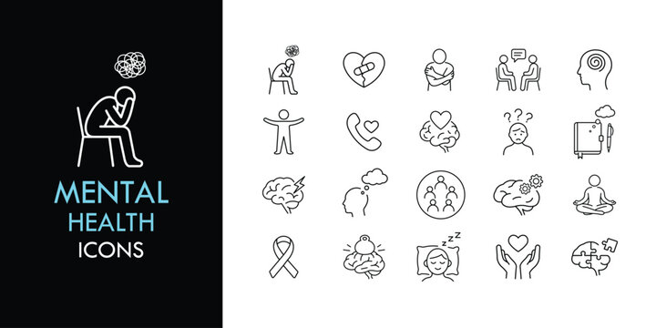 Mental health line icon set, outline psychology and wellbeing icons collection with therapy, brain, stress and support symbols