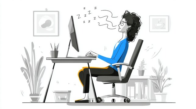 An illustration demonstrating prolonged sitting at a desk, a concept of a sedentary lifestyle
