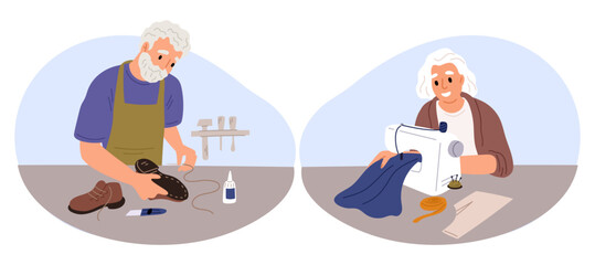 Obraz premium Elderly man and woman doing handicrafts. Hobby for retired people. Grandfather repairs shoes. Grandmother sews clothes on sewing machine. Senior shoemaker. Granny tailor. Vector concept