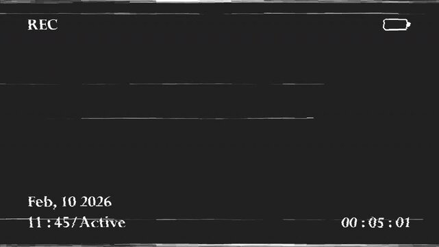 Vintage VHS Recording Screen with Glitch Static Noise, Retro Analog Camera Overlay with REC Indicator and Timestamp
