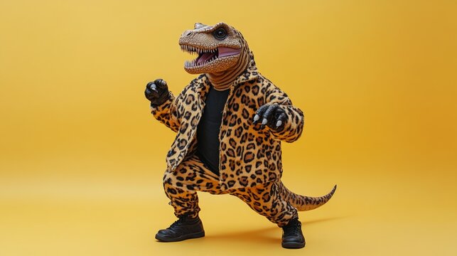A dinosaur in a leopard-print costume dancing against a yellow background conveys a sense of fun and serves as a backdrop for humour or entertainment.