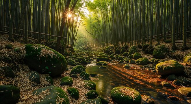 Serene landscape of a bamboo forest and stream with mossy rocks and sunlight filtering through.