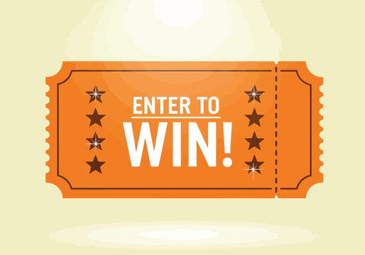 Orange raffle ticket with enter to win text, vector illustration of a prize draw entry coupon with stars on a light background