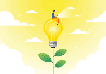 A person sitting on a glowing light bulb growing like a plant in a sunny sky with clouds, concept of innovation and creativity © Riyal