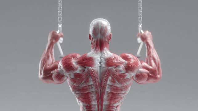 An athlete performs a lat pulldown exercise with the back muscles highlighted, the latissimus dorsi activated, and the athletic anatomy visualized.