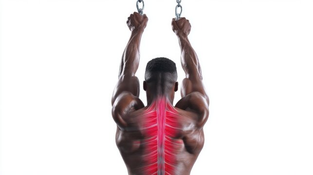 An athlete performs a lat pulldown exercise with the back muscles highlighted, the latissimus dorsi activated, and the athletic anatomy visualized.