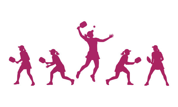 Pickleball Player Silhouettes Action Set Women Athletes Vector