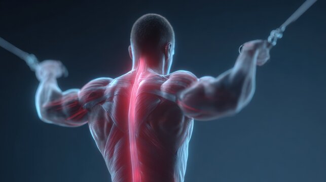 An athlete performs a lat pulldown exercise with the back muscles highlighted, the latissimus dorsi activated, and the athletic anatomy visualized.