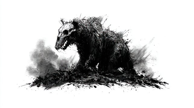 Dramatic black bear illustration with skull head and grunge effect
