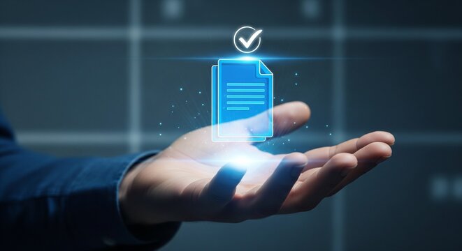 Hand holding digital document with checkmark icon, concept of verification and approval