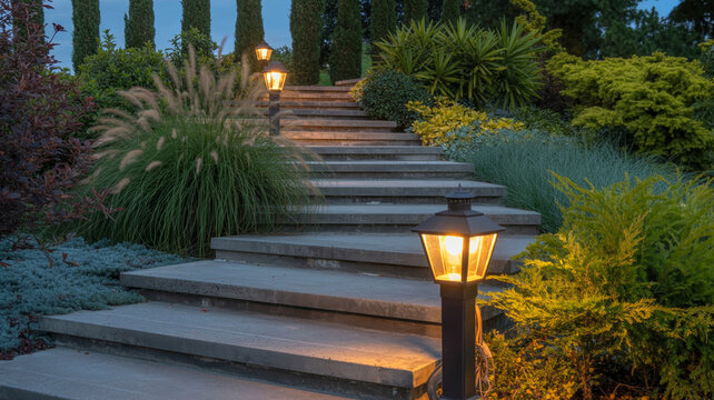 Stone staircase in landscaped garden with warm decorative lighting.