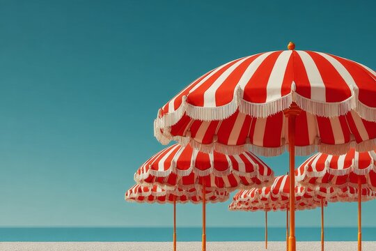 vintage striped beach umbrellas against blue sky. Generative AI