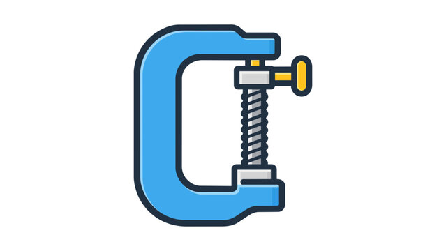 Modern flat vector icon of a blue C-clamp tool isolated on a white background. This clean, scalable illustration represents a professional metal clamp used in woodworking, construction, and DIY.