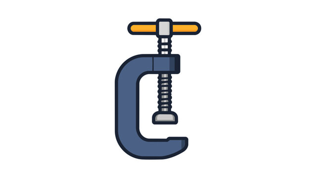 Modern flat vector icon illustration of a C-clamp tool with a blue frame and orange handle, isolated on white. Ideal for construction, woodworking, hardware, and industrial design projects.