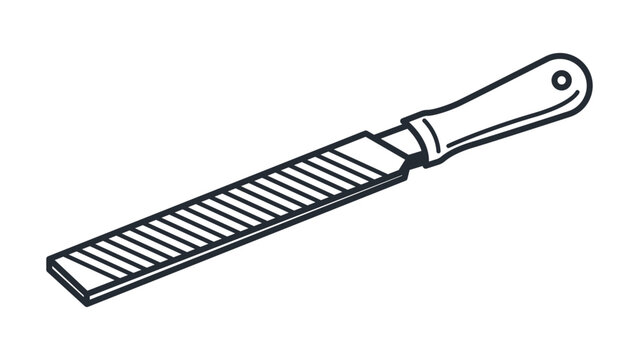Minimalist Black Line Vector Icon of a Flat Metal File for Woodworking and Metalworking, Hand-Drawn Outline Illustration with Editable Stroke on White Background, Scalable Industrial Hand Tool.