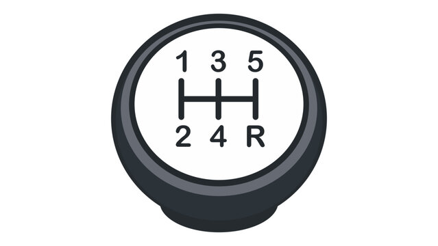 Manual gear shift knob vector icon illustration. A modern flat design of a car transmission stick shifter with five speeds and reverse gear pattern isolated on a white background for automotive.