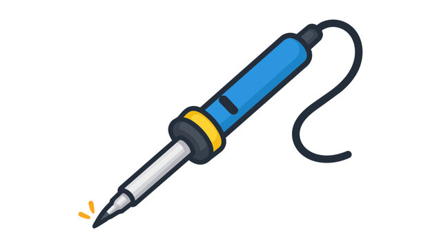 Modern flat vector illustration of a professional soldering iron wand with a blue handle, yellow ring, and black power cord, isolated on white background for electronics repair and DIY projects.