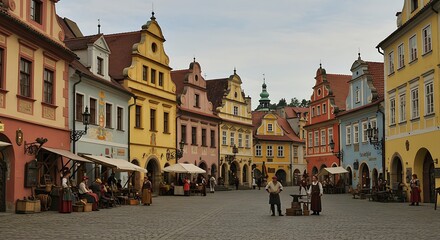 Fototapeta premium Colorful Medieval Town Square with People in Period Costumes