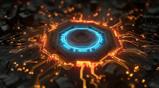 Cyber security core activation with rising blue laser beams and orange digital circuit board (AI Generated)