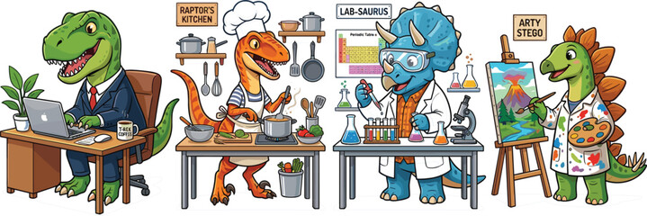 Dinosaur Professions Cartoon Illustration Set Featuring Trex Office Worker Raptor Chef Triceratops Scientist Stegosaurus Artist Editable Vector Collection © MdMahfujAhmmed