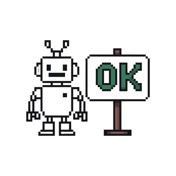 Pixel art robot holding ok sign board character design for gaming interface technology website assistant friendly automation.